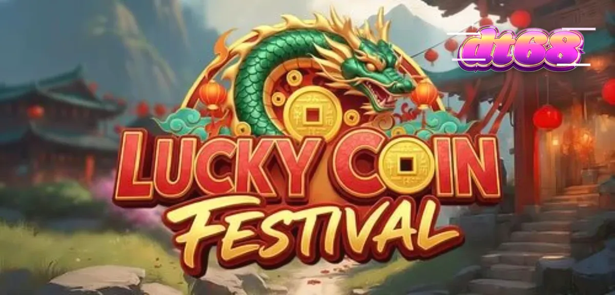 Giao diện trò chơi Lucky Coin Festival với các biểu tượng lễ hội rực rỡ